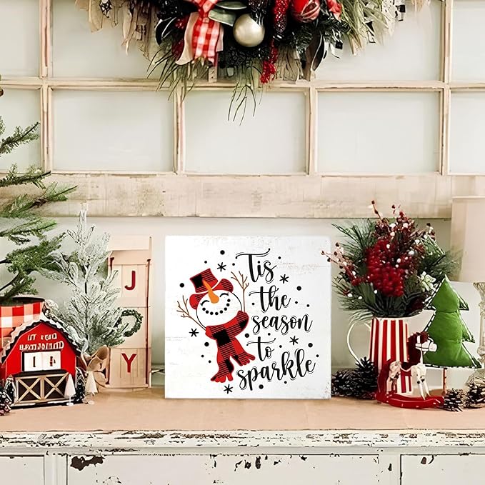 Mtrgdn Christmas Snowman Decor Sign,Winter Tis the Season to Sparkle Snowman Wooden Box Sign,Christmas Decorations for Home Bathroom Bedroom Office Table Desk Shelf Wall Decoration,5x5 Inch