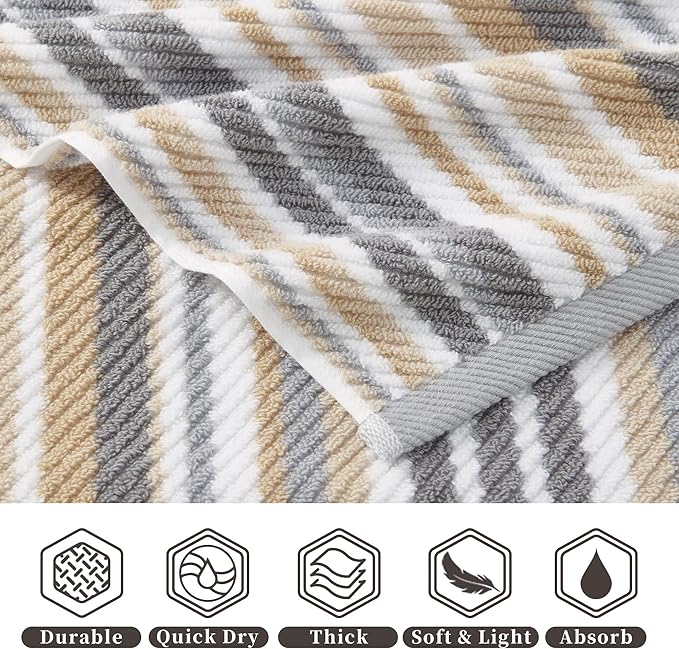 VOOVA & MOVAS Beige Striped Bath Towels, Bathroom Towels Set of 4, 28"x52" - 100% Cotton | Quick Dry | Absorbent | Light Weight, Tan Body Towel with Hanging Loop, Tan and Gray Stripe