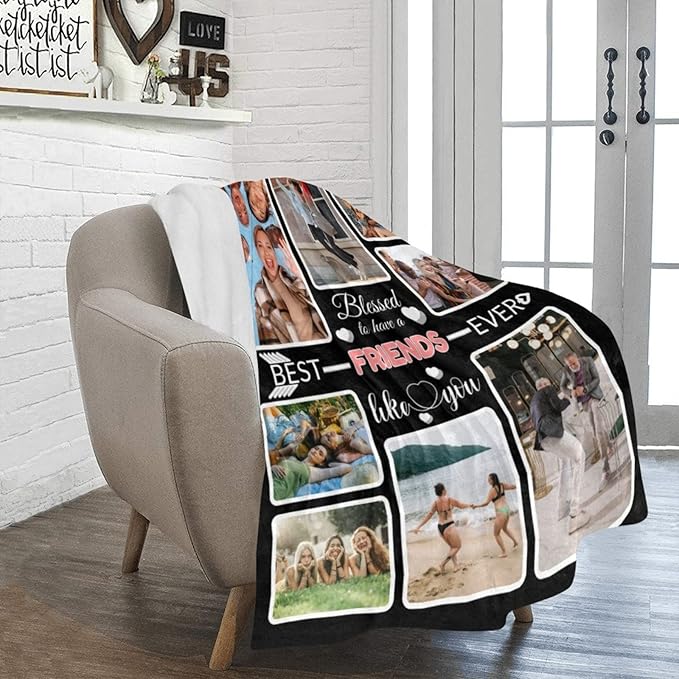 Custom Blanket Gifts with Photos, Personalized Bed Throws for Friends, Custom Souvenir Throw Blanket for Best Friends, 8 Collages Made in USA