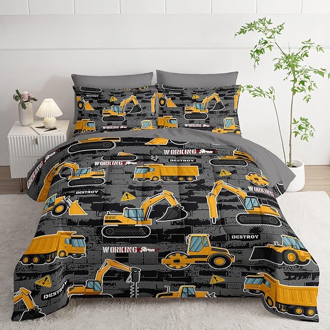 7Pcs Truck Comforter Set Engineering Vehicle Printed Bedding Set with 1 Comforter, 1 Flat Sheet, 1 Fitted Sheet and 4 Pillowcases for Boys and Girls Bedroom All Season(Twin)
