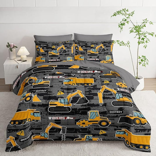 7Pcs Truck Comforter Set Engineering Vehicle Printed Bedding Set with 1 Comforter, 1 Flat Sheet, 1 Fitted Sheet and 4 Pillowcases for Boys and Girls Bedroom All Season(Full)
