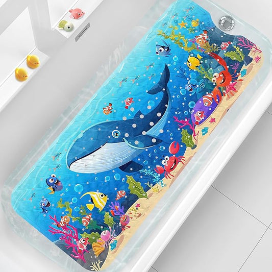 XIYUNTE Baby Bath Mat for Tub Non Slip Kids Bath Mat - 40''x16'' Extra Long Cartoon Whale Baby Bath Tub Mat Eco-Friendly Toddler Bath Mats with Suction Cups & Drain Holes, Easy to Clean & Easy Drying