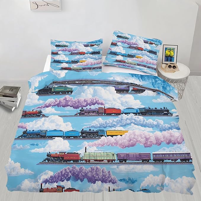 Vintage Steam Train Duvet Cover Twin Size Colorful Cartoon Train Bedding Set Cloud Railway Comforter Set Railway-Themed Comforter Cover with Pillowcases for Bedroom