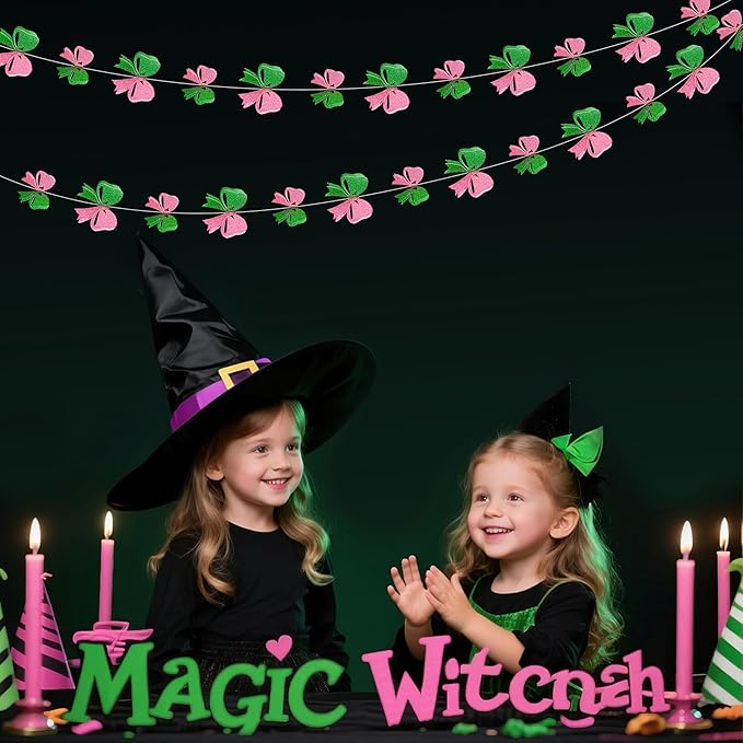 6PCS Pink and Green Party Decorations 3D Green Pink Conquette Bow Garland Witch Party Decorations Double Layer Bow Banner Streamers for Girls Witch Kids Wizard Birthday Baby Shower Decor Supplies