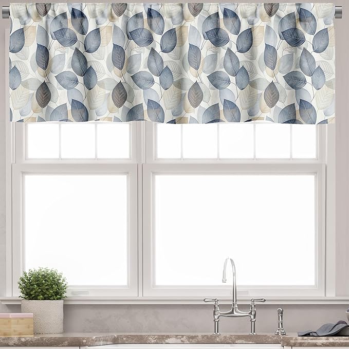 Ambesonne Autumn Leaves Window Valance Pack of 2, Urban Jungle Themed Falling Pale Tone Leafy Peduncles Pattern, Rod Pocket Curtain Valances for Kitchen Bedroom, 42" X 12", Dark Night Blue and Beige