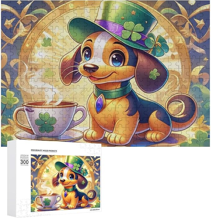 Wooden Puzzle - St. Patrick's Day Dachshund Wooden Puzzles for Adults 300 Pieces Challenge Puzzles，Educational Games，Family Puzzles，Unique Gifts for Wall Art ，Funny Puzzles