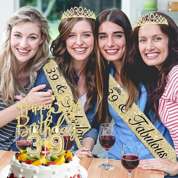 39th Birthday Decorations for Women Gold with 39th Birthday Sash and Tiara,Cake Topper and Candles, Number Balloons, 39 Year Old Gifts for Women