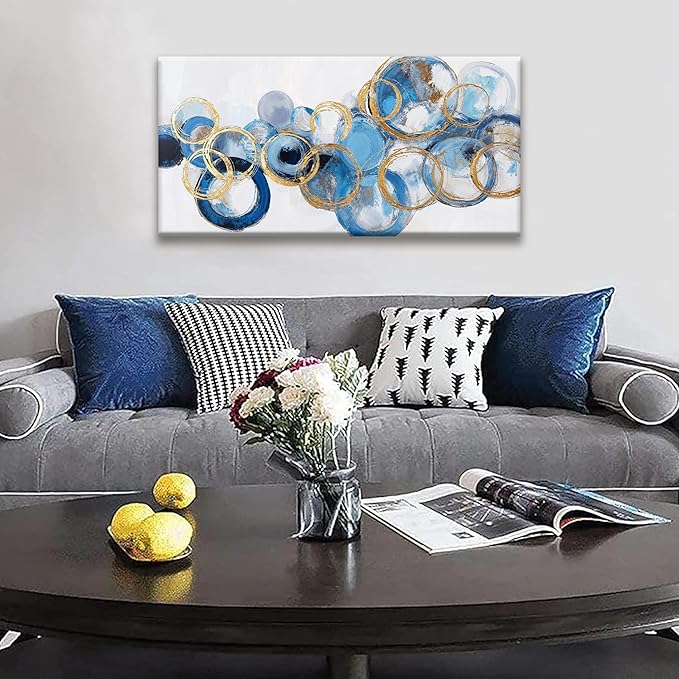 Suconvng Canvas Wall Art Decor Artwork Modern Paintings Abstract Wall Decor Maximalist Blue Gold Circle Abstract Wall Art Prints Picture For Bedroom Kitchen Office Artwork Ready To Hang 20" × 40"