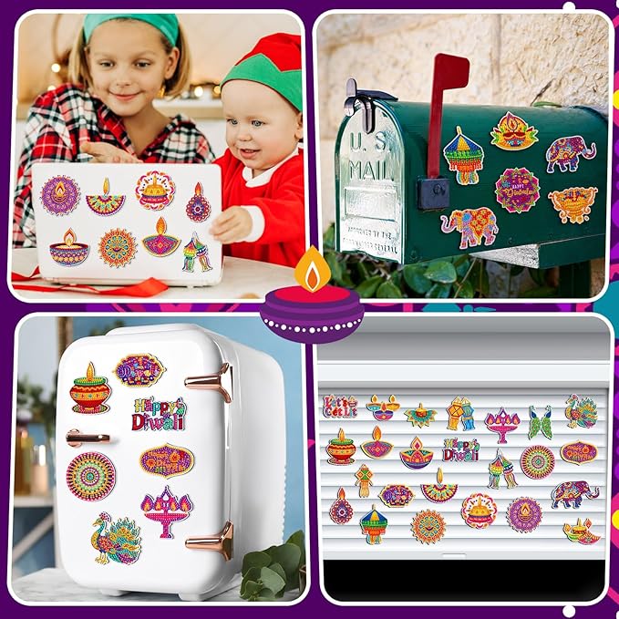 Copkim 30 Pcs Diwali Diamond Art Magnets Kits DIY Happy Diwali Festival Diamond Painting Fridge Magnetic Stickers Gem Art Magnets for Indian Holiday Party Decor Home