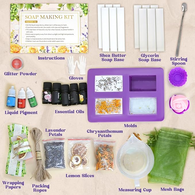 Jcoos Soap Making Kit, Soap Making Kit for Adults, Teen- Shea Butter Glycerin Melt and Pour Base, Molds, Dye, Fragrances, Dried Flowers, DIY Craft for Teen Beginners Girls, Gift Boxes for Women