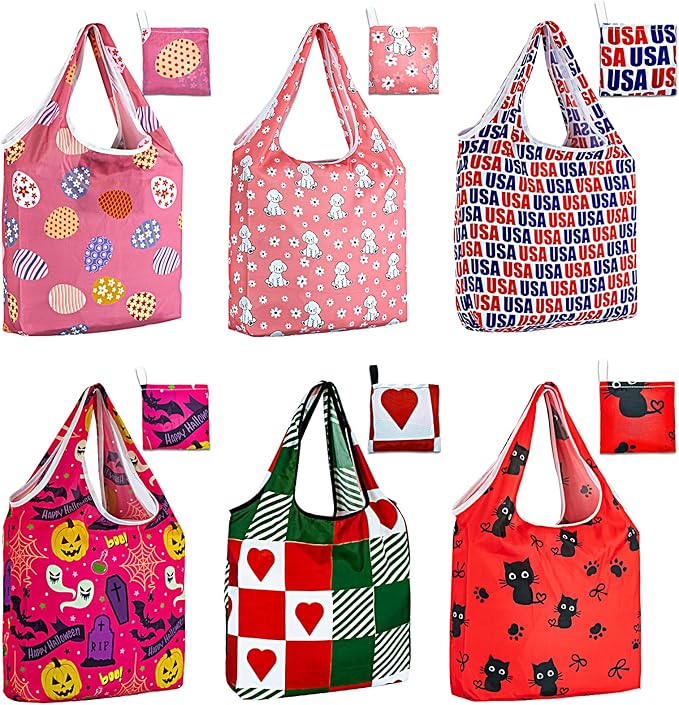 LOLOMLO 6 Pack Eco-Friendly Reusable Grocery Bags Lightweight Durable Washable Shopping Tote Foldable Outings Storage Pouch