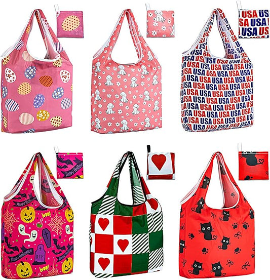 LOLOMLO 6 Pack Eco-Friendly Reusable Grocery Bags Lightweight Durable Washable Shopping Tote Foldable Outings Storage Pouch