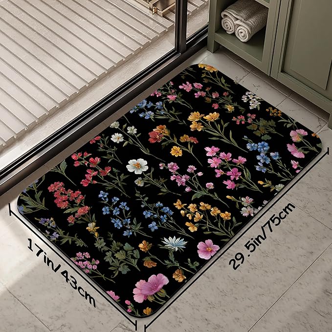 Groovy Flowers Bathroom Rug 29.5"x17", Super Absorbent Fast Drying Bath Mat with Non-Slip Rubber Backing, Thin Low-Profile Easy-Clean Bathroom Floor Mat for Shower or Tub