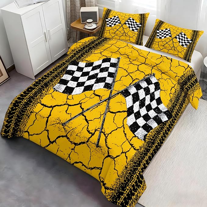 Race Flag Duvet Cover Oversized King Racing Checkered Flag Bedding Set Tire Track Comforter Set Sporty Race-Themed Quilt Cover with Zipper Ties for Bedroom