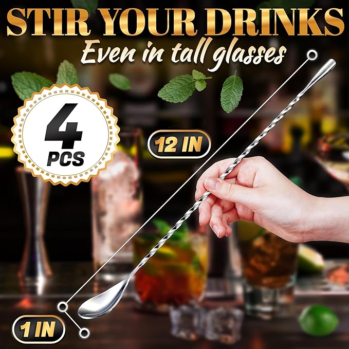 4 Pcs Bar Spoon Cocktail Mixing – 12'' Long Stainless Steel Cocktail Stirrers with Polished Surface, Great for Professional and Home Use, Practical Gift for Drink Mixing Lovers | Sugar Spoon