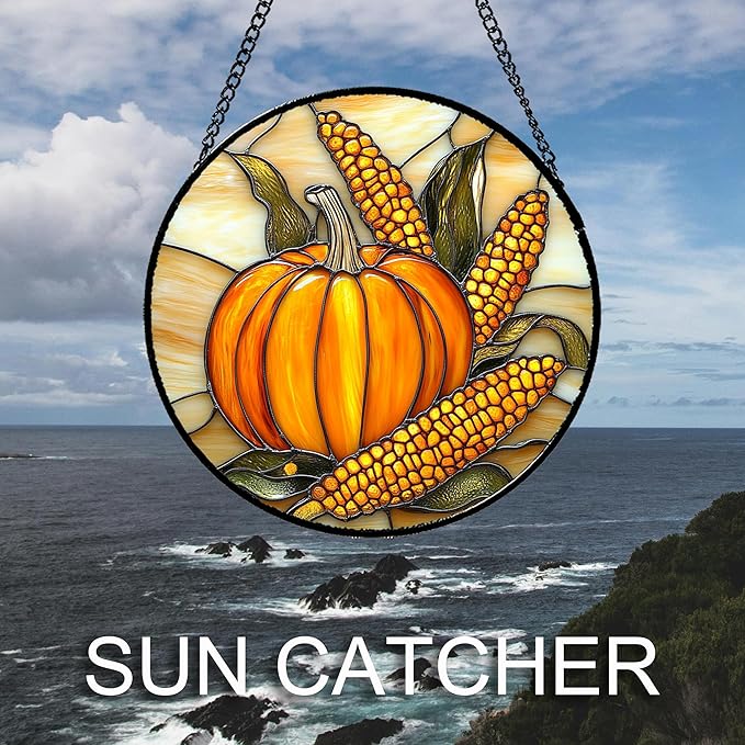 Stained Glass Window Hanging Autumn Harvest Pumpkin Corn Large 15" - Suncatcher Door Garden Kitchen Sunroom Sun Catcher Fall Home Decor Birthday for Mom Grandma Men Woman