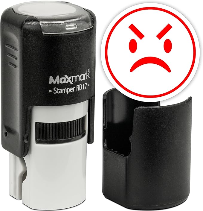 MaxMark Round Self Inking Emoji Stamp - Angry - Red Ink