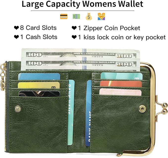 Wallet Women Small RFID Blocking Bifold Leather Wallets for Women Vintage Coin Purse With Zipper and Kiss Lock