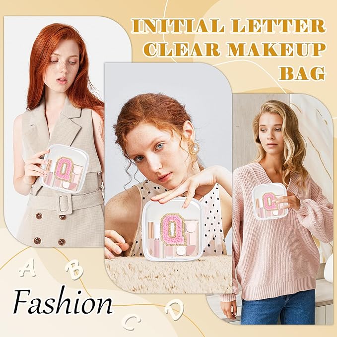 Personalized Initial Letter Clear Preppy Makeup Bag,Mini Nylon Chenille Letter Cosmetic Bag Cute Zipper Pouch Purse for Teen Girls,Portable TSA Approved Beach Travel Essentials Bag Gift for Women,Q