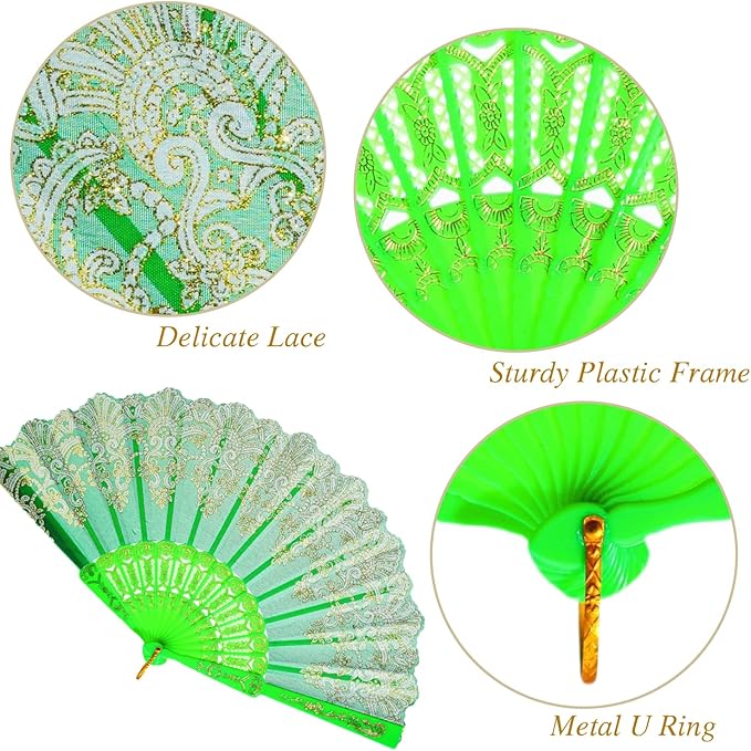 QIRMIZI 30 Pack Folding Handheld Fans,Silk Spanish Fan, Perfect for Weddings, Parties, and Dancing,Green