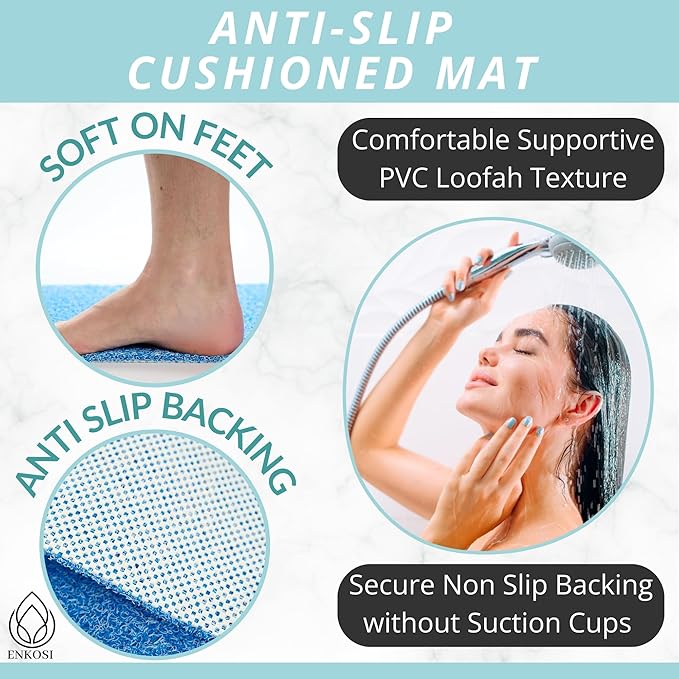 Shower Mat Non Slip - PVC Loofah Inside or Outside Showers, Bathtubs, Bathrooms, and Wet Areas - Safe for Textured Tiled and Smooth Floor - No Suction Cups Secure Anti Slip (Aqua Blue 24 x 47)