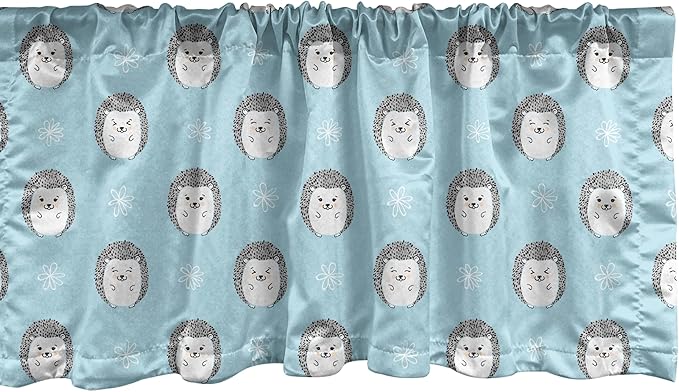 Ambesonne Hedgehog Window Valance Pack of 2, Watercolor Art Smiling Happy Characters with White Daisies on Blue, Rod Pocket Curtain Valances for Kitchen Bedroom, 42" X 12", Pale Blue Grey White