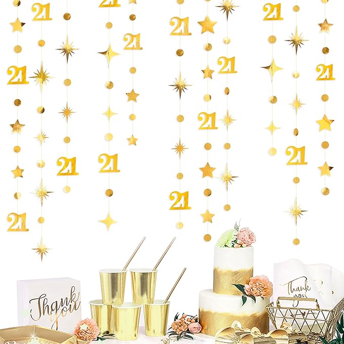Gold 21st Birthday Decorations Number 21 Circle Dot Twinkle Star Garland Metallic Hanging Streamer Banner Backdrop for Girls Boys Cheers to 21 Years Finally Legal Bday 21st Anniversary Party Supplies