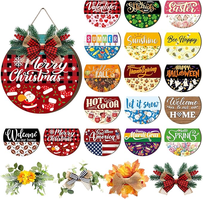 Vicenpal 22 Pcs Interchangeable Welcome Sign for Front Door with 17 Magnetic Icon Wooden Seasonal Front Porch Door Decor with 4 Seasonal Wreaths for Holiday Halloween Christmas Gift (Blue,Rustic)