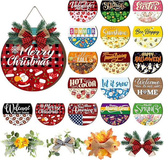 Vicenpal 22 Pcs Interchangeable Welcome Sign for Front Door with 17 Magnetic Icon Wooden Seasonal Front Porch Door Decor with 4 Seasonal Wreaths for Holiday Halloween Christmas Gift (Blue,Rustic)