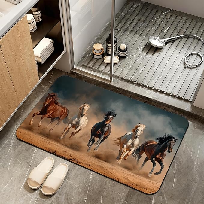 Non Slip Bath Mat,Horses Running Bathroom Decor,Desert Landscap Diatomaceous Bath Mat Quick Dry Absorbent Bathroom Rugs-Shower Rug for Kitchen Laundry Bathtub Shower 17"x29.5"