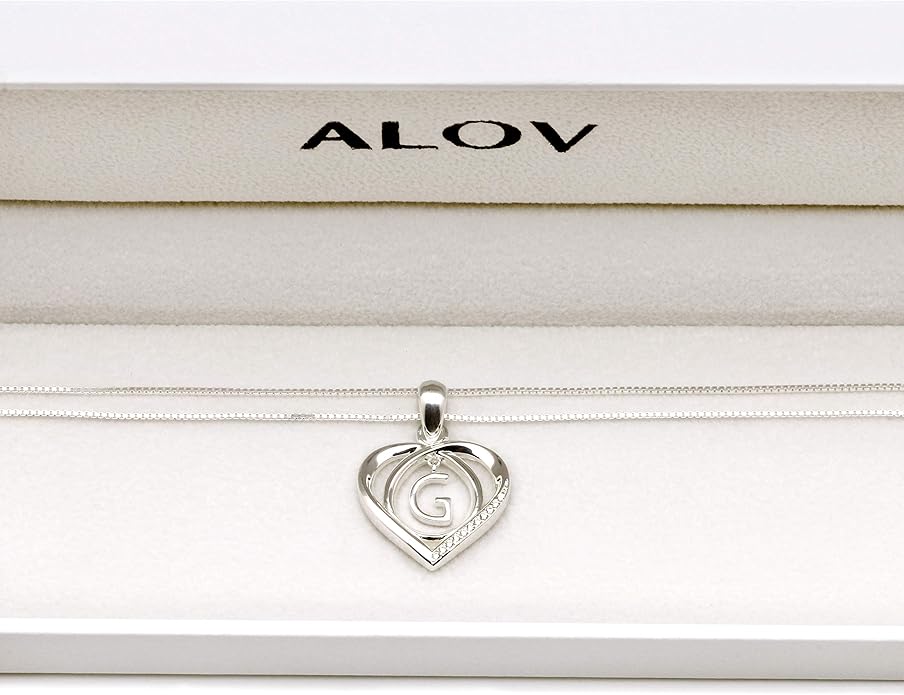 ALOV Jewelry Sterling Silver Initial Letter Alphabet Love Heart Cubic Zirconia Pendant Necklace