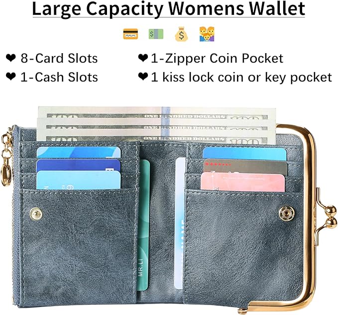 Wallet Women Small RFID Blocking Bifold Leather Wallets for Women Vintage Coin Purse With Zipper and Kiss Lock