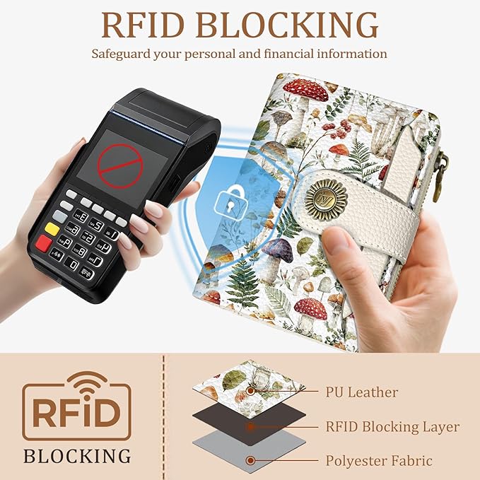 Mushroom Small Wallet Women RFID Blocking Bifold, Credit Card Holder, Zipper Coin Pocket, PU Leather, Compact, Travel, 4 ID Window, 14 Card Slots, Cash Purse, Ladies Woman Female Girls