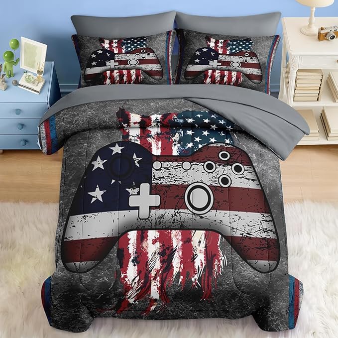 Comforter Set Full Size, American Flag 4Th July 7 Pcs Bedding for Kids and Adults, Funny Gamepad Bed Sheet Sets with Fitted Sheet 2 Pillowcases & 2 Shams for Bedroom Bed Decor