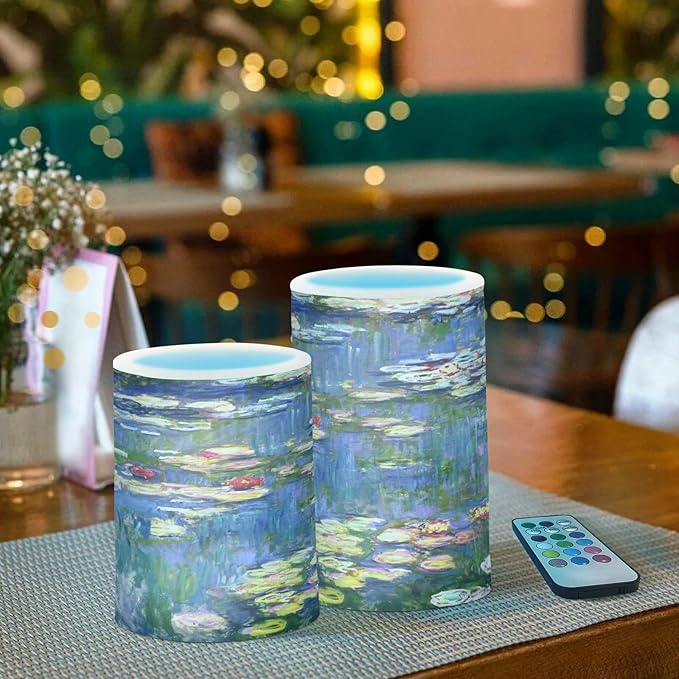 ALAZA Monet Painting Flickering Flameless Candles Battery Operated with Remote Timer,Tea Light Candles LED Pillar Votive Candles Set of 2 for Outdoor Indoor Decorations