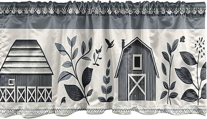 Ambesonne Farmhouse Window Valance, Monochrome Design of Leafy Cottagecore Barn Pattern Country Vibe, Curtain Valance for Kitchen Bedroom Decor with Rod Pocket, 54" X 12", Blue Grey and Off White