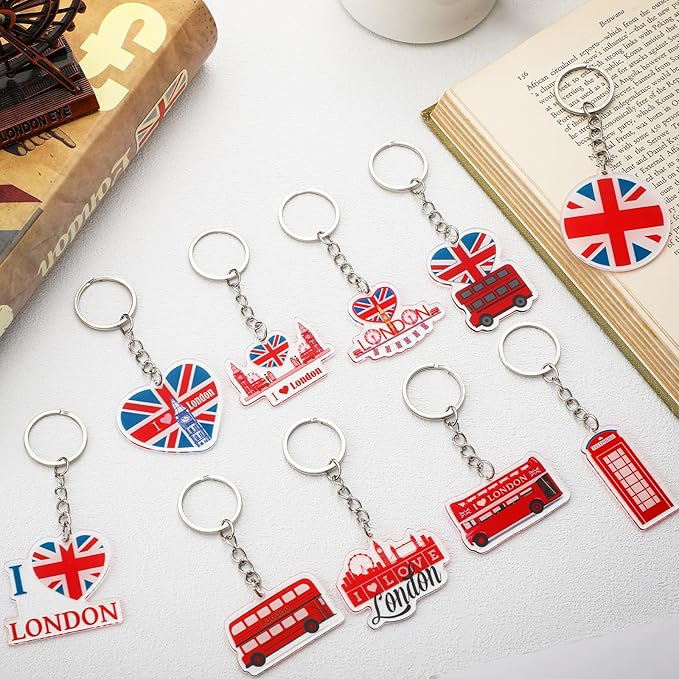 50 Pcs London Souvenirs Acrylic Keychain Gifts Bulk London Keychain Bus Telephone Booth British Flag Travel Souvenirs