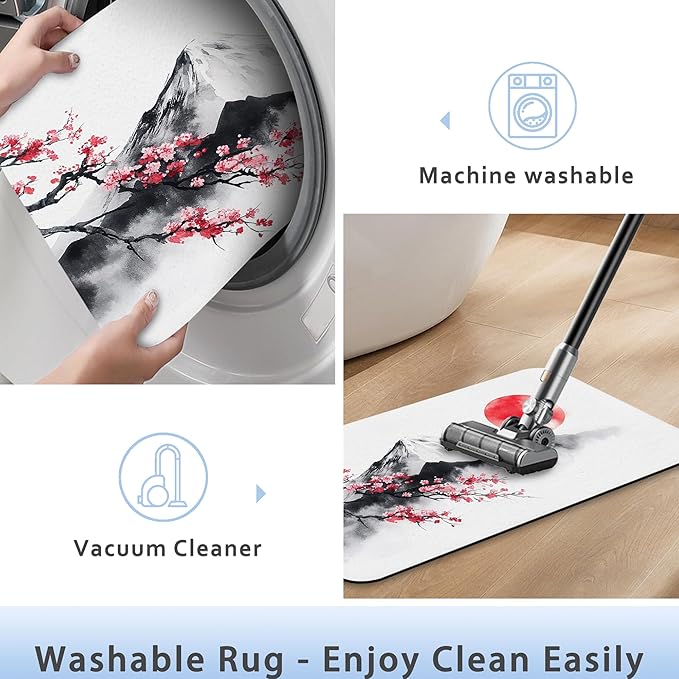 Japan Fuji Mountain Bath Mat 29.5"x17", Cherry Slim Low-Profile Fast Drying Super Absorbent Bathroom Rug with Non-Slip Backing, Easy-Clean Modern Floor Mat for Tub, Shower, or Entryway