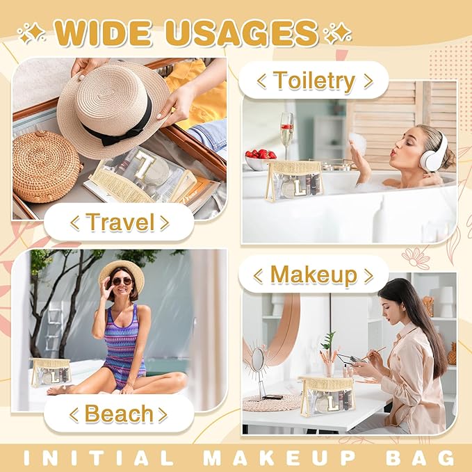Personalized Initial Letter Bag Boho Straw Clear Makeup Bag,Small Cute Chenille Varsity Letter Bag With Zipper,Beach Travel Toiletry Bag,Portable Monogrammed Cosmetic Bag for Women Girls,L