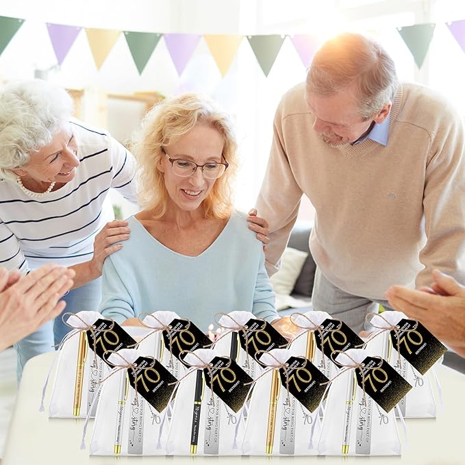 25 Sets Birthday Favors for Guests 25 Thanks for Coming Ballpoint Pens 25 Bookmarks 25 Cards with Organza Bag for Adult Birthday Anniversary Party Souvenir(Metal-70th)