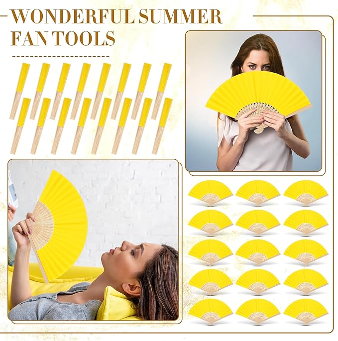 Yinkin 24 Pack Folding Fans Bamboo Handheld Folded Craft Hand Japanese Chinese Fans for Weddings Bridal Dancing Church DIY Decoration Women Gift Party Favors (Lemon Yellow)