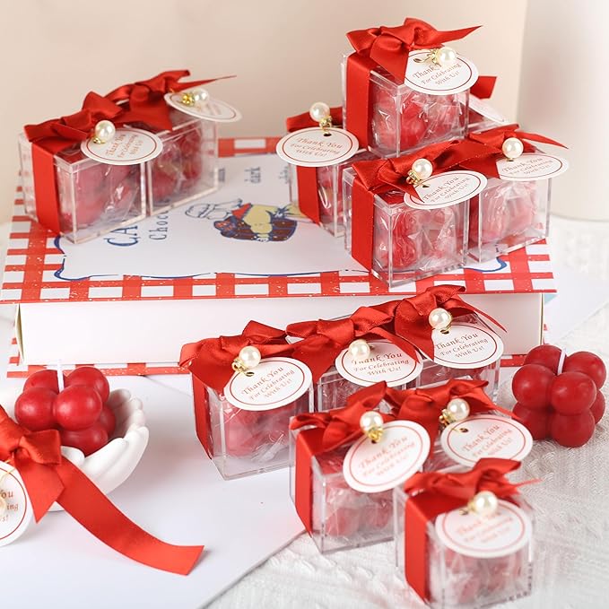ACITHGL 30 Sets Small Bubble Candle Wedding Candles Favors for Guests Bulk Bridal Shower Favors Candles with Stylish Ribbons Thank You Cards Gifts (Shimmering Red)