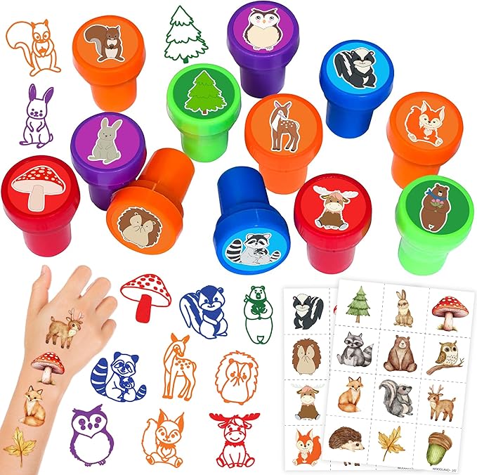 36PCS Woodland Animal Party Favors - 24PCS Pre-Cut Temporary Tattoos & 12PCS Stamps - Ideal Forest Themed Birthday Card Decorations Supplies Goodie Bag Baby Shower Kids Gifts Classroom Rewards Prizes