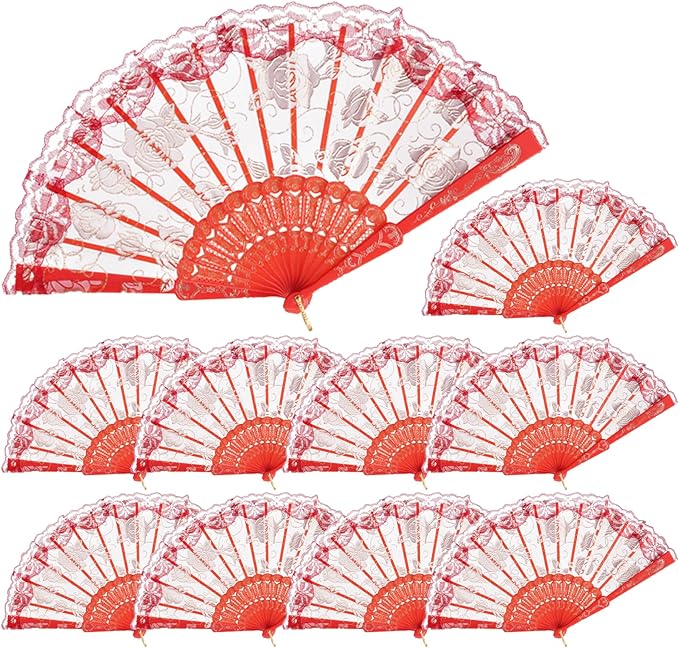 QIRMIZI 10 Pcs Rose Lace Folding Fans,Silk Folding Hand Fans, Perfect for Weddings, Parties, and Dancing,Red