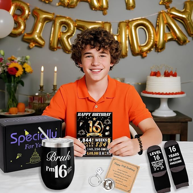 16th Birthday Gifts For Boys,16 Year Old Boy Birthday Gifts Ideas with 12 Oz Tumbler, Funny Socks,Birthday Card, Bracelet, Keychain,Coolest Gifts for Boys Son Grandson Nephew Friend Birthday
