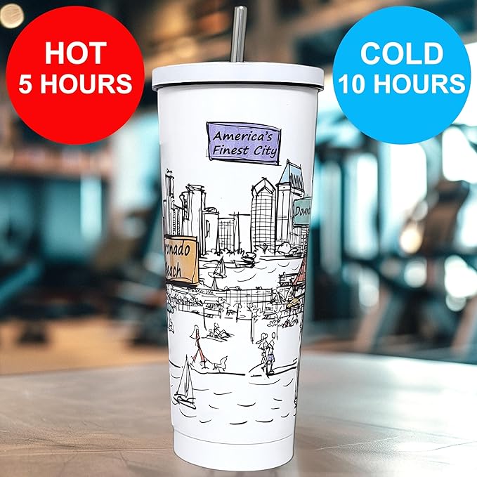 Cities Around the World 25 Oz Tumbler Series- Designed in the USA- Vacuum Insulated Tumbler with Lids Straw - Stainless Steel Coffee Water Travel Mug, Cup for Hot Cold Drink (San Diego)
