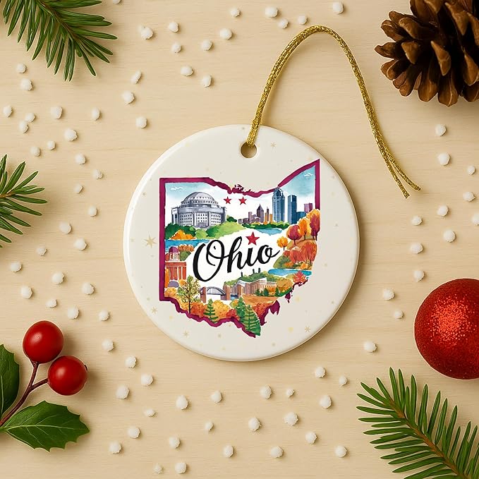 USA State Landmark Ceramic Ornament – Round Glossy Christmas Decoration Featuring U.S. State Art, Landmarks & Holiday Scenery – Collectible Travel Souvenir Ornament Series (Ohio)