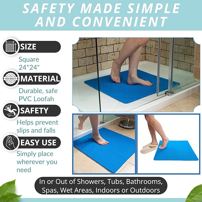 Enkosi Loofah Shower Mat Non-Slip - Anti-Slip Bath Mat for Inside Showers, Tub, Bathtub, Bathroom - Quick Dry PVC with Drain Holes - Cushioned Safety Grip - Secure for Kids and Elderly (Blue 24x24)