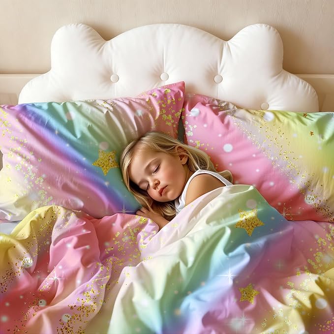 Rainbow Bedding Set Queen Size – 6-Piece Reversible Girls Comforter with Deep-Pocket Sheet, Gradient Galaxy Design, Whole-Piece Filling, Machine Washable Bed-in-a-Bag for Kids Room Makeover & Gifts