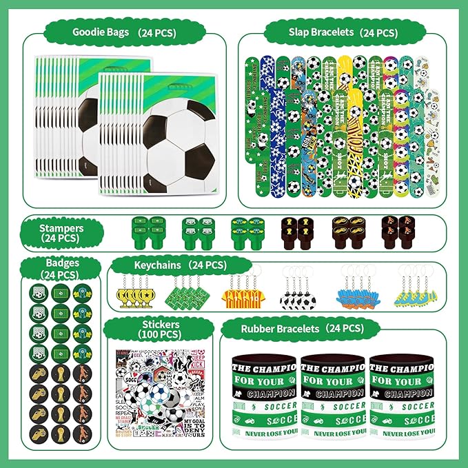 Soccer Party Favors 244 Pcs Soccer Birthday Party Decorations With Goodie Bags Wristbands Stickers Keychains Stamps Slap Bracelets Badges for Soccer Party Supplies (Soccer)